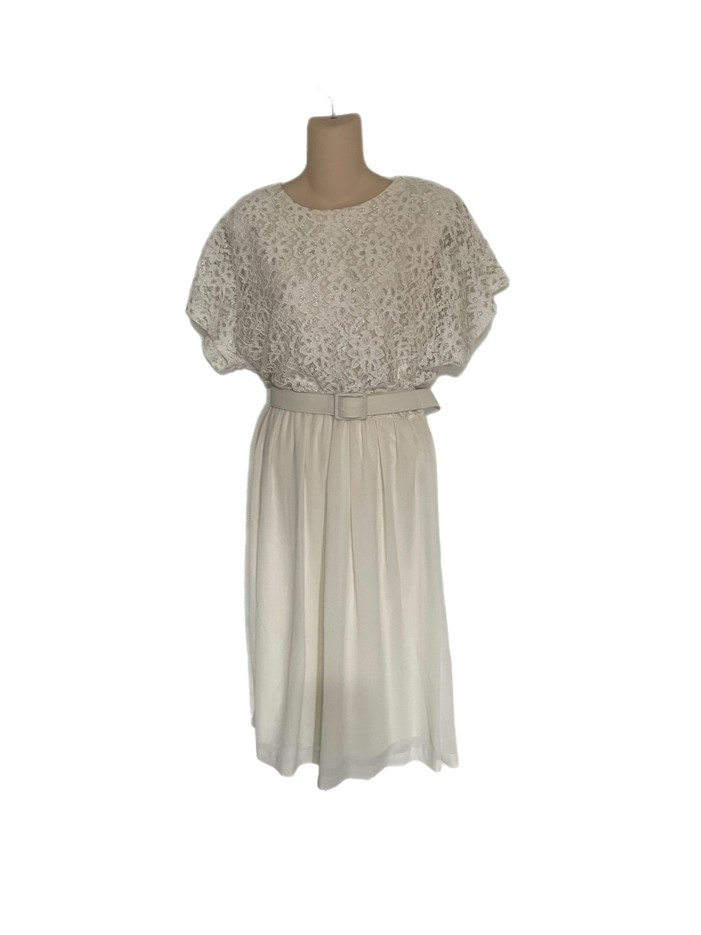 Cream Lace Bodice Midi Dress with Matching Belt